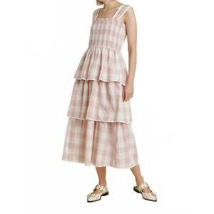 NEW AUREUM gingham midi dress in nude pink